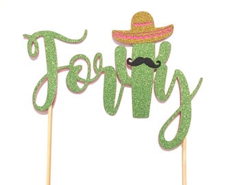 1 pc Forty mustache sombrero cactus cacti cake topper green glitter fiesta mexican party theme birthday spring summer