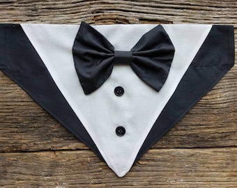 Tuxedo dog bandana with bowtie over the collar