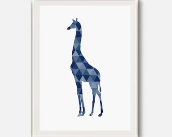 Giraffe print, Giraffe gift, blue animal poster, Navy animal art, Geometric animals, Geometric poster, triangle wall art, Animal Nursery Art