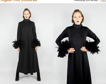 FLASHSALE 40% OFF 60's 70s black boho avant garde feather maxi dress S M