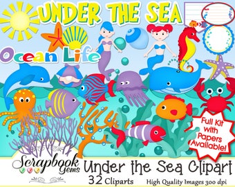 UNDER THE SEA Clipart, 32 png Clipart files Instant Download bubbles crab octupus waves water ocean sea dolphin oyster seahorse whale squid