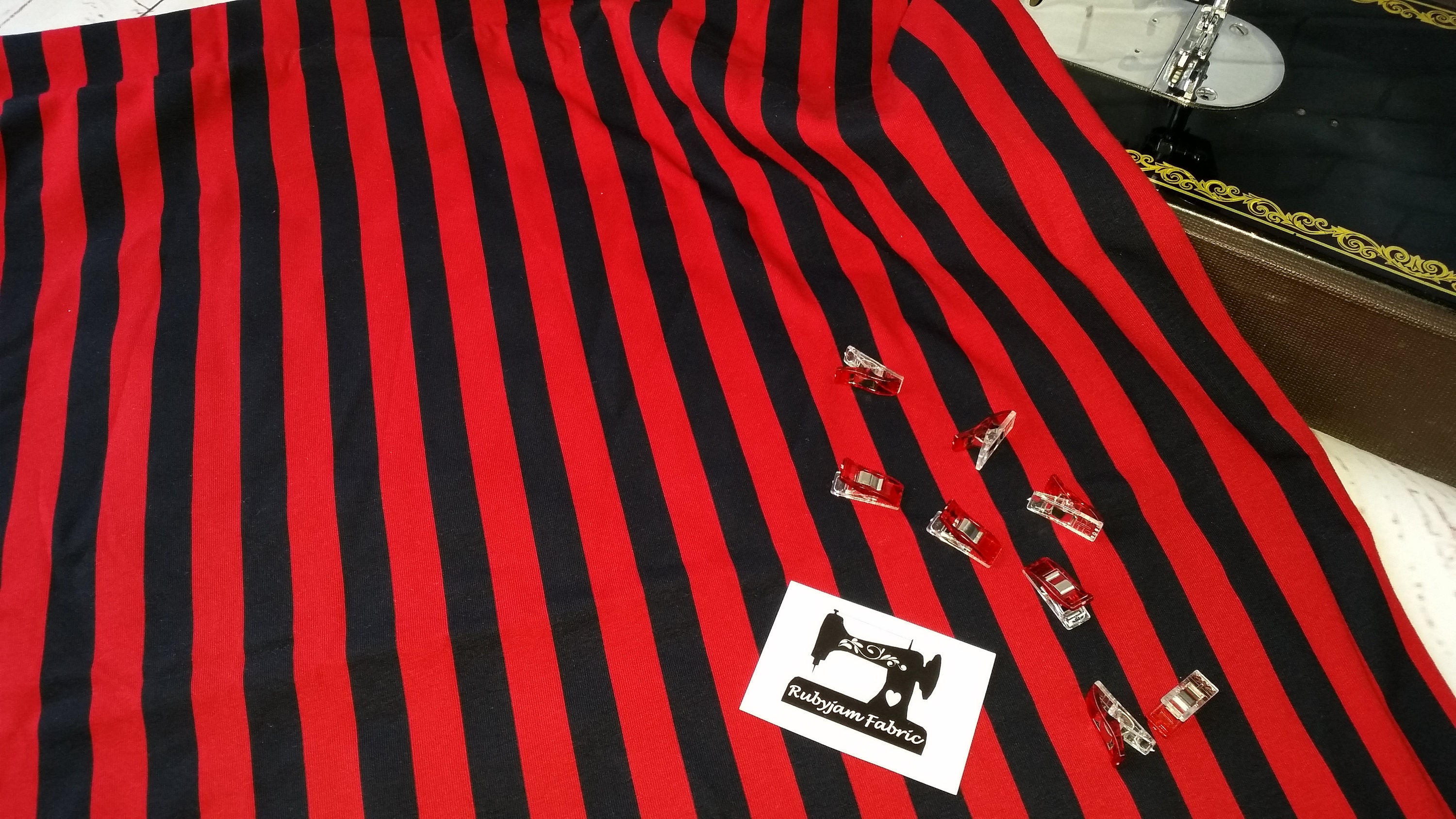 Black Red Vertical Stripe Fabric Cotton Lycra