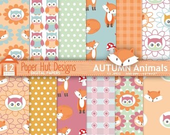 Woodland Animals Digital Papers Autumn Winter Forest Friends Digital Scrapbook Paper Owl Fox