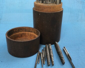 35 Antique Metal Drill Bits and Taps in 2 Piece Wood Cylinder Drill Bit Box Antique Machinist Tools