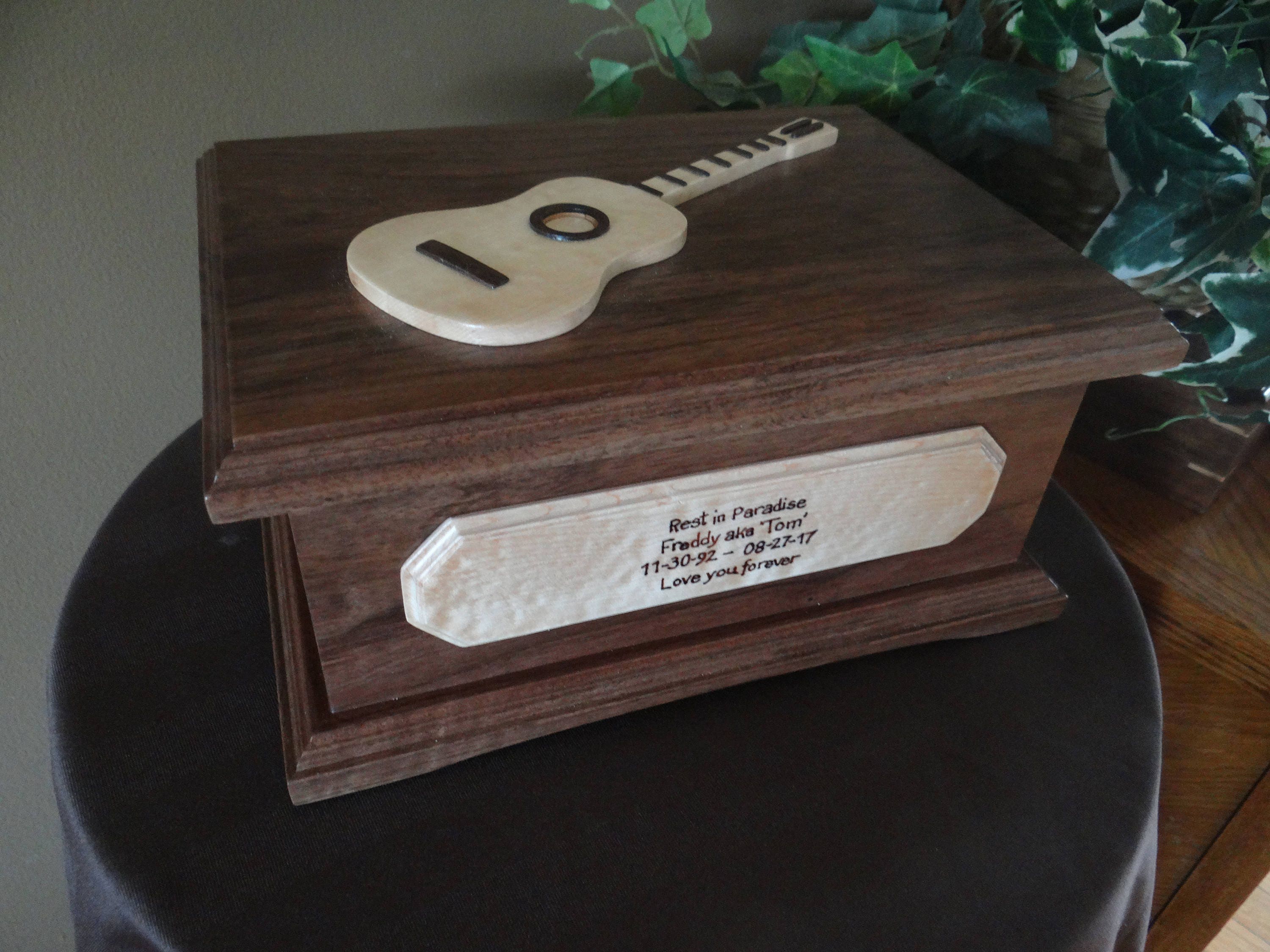Wood Cremation Urn with Guitar or other Personalized Applique