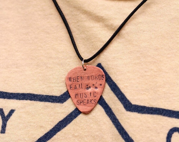 Where Words Fail Music Speaks Hand Stamped Guitar Pick Necklace, Gift for Musicians, Father's Day Gift, Unisex Necklace, Music Jewelry
