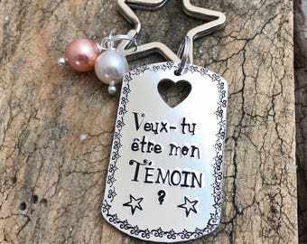Hand Stamped French Keyring, French Witness Wedding, Témoin Keyring
