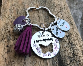Hand Stamped Maman Keychain, French Personalized Metal Keyring