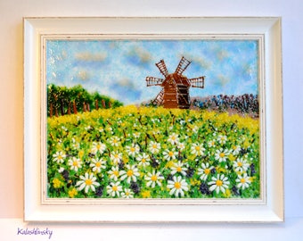 Fused Glass Wall Art, Glass picture "Camomile field", Provence, Fused Glass Panel, Wall Art, Home Decor