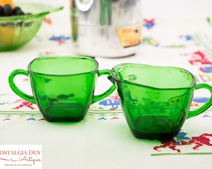 Vintage Creamer And Sugar | Anchor Hocking Forest Green | Depression Glass