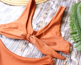 Solid Burnt Orange Bikini Top Seamless Front Tie Swim Top Womens Bikini Basic Swimsuit Beach Wear Gift For Her Vacation Swim Bow Tie bikini