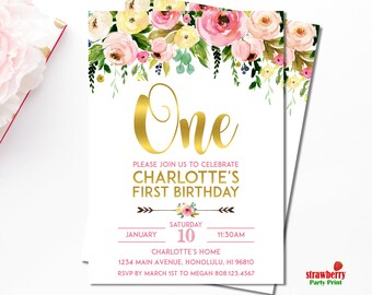 Girl 1st Birthday Invitation. Floral 1st Birthday Invitation. First Birthday. Girl Birthday. Customize Printable Invitation. A15 A54 A55