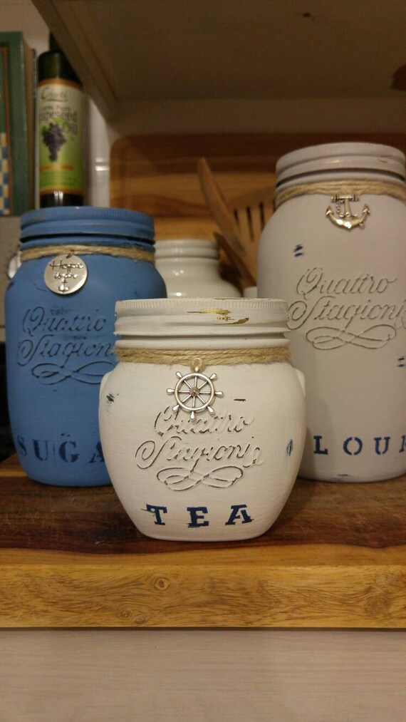 Items similar to Nautical Mason Jar Canister Set, Chalk Painted