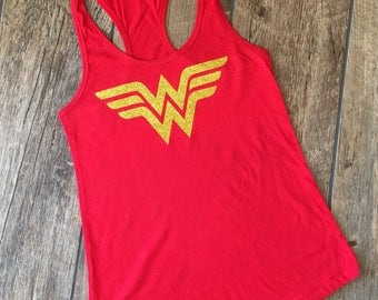 Wonderwoman shirt - READY TO SHIP Wonder Woman Tank Top - Wonder Woman Shirt with Gold Glitter Emblem - Woman's tank - red - gift for mom