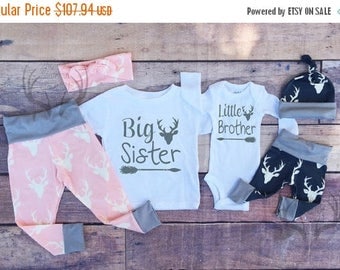 HUGE SALE 20% OFF, Big Sister Little Brother Outfits, Baby Coming Home Outfit Set,Country Outfits, Gils Pink Deer,Boys Navy Blue Deer, Siste