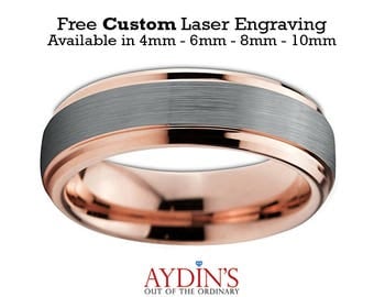 Mens and Womens Tungsten Wedding Band - 6mm Ring - 18K Rose Gold Tungsten - Beveled Edge - Brushed and Polished - Mens Wedding Band Tungsten