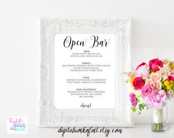 Open Bar Menu Sign Template, DIY Wedding Bar Menu Printable Sign, Drinks Menu, Wedding Menu Sign, Open Bar Menu Sign, PDF Instant Download