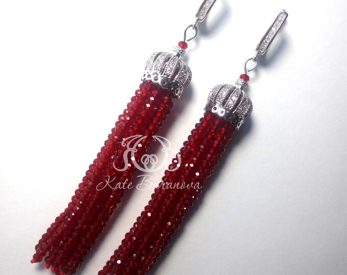 Red Beaded Tassel Earrings Crystal tassle earrings, evening earrings, long earrings, boho glam earrings, gala earrings, Oscar De La Renta