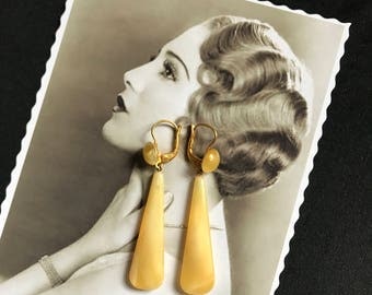 1920 French Antic Vintage Art Deco Pendants Earrings in yellow crystal - Roaring 20s - Flapper