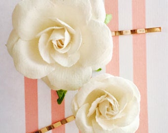 Set of 2 White water roses bobby pins from the Mommy + Me collection
