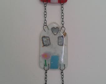 Glass houses. Three little houses. fused glass. wall hanging. Fused glass houses.