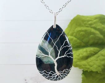 Back To School Jewelry, Tree-Of-Life Pendant, Silver Wire Wrapped Agate, Protection Amulet, Jewelry Gift, Healing Crystal, Womens Jewelry
