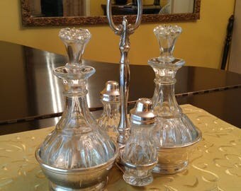 Lovely Vintage Silver Plated Cruet Condiment Set with Ornate Carrier