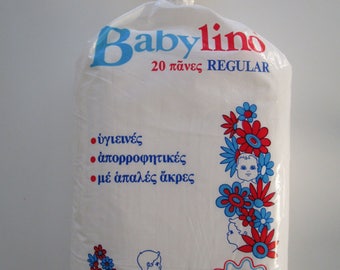 Vintage Rare Diapers Babylino Greece 1970s-80s Regular Size for Babies 20pcs! +baby slip&saliva