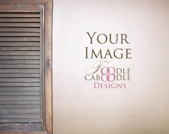 Rustic white wall and wood shutters real photography mockup, white wall background mock ups and scene creator for men, commercial use, 13x9