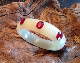 Hand Carved White Nephrite Jade Bangle with 8 Rubies.