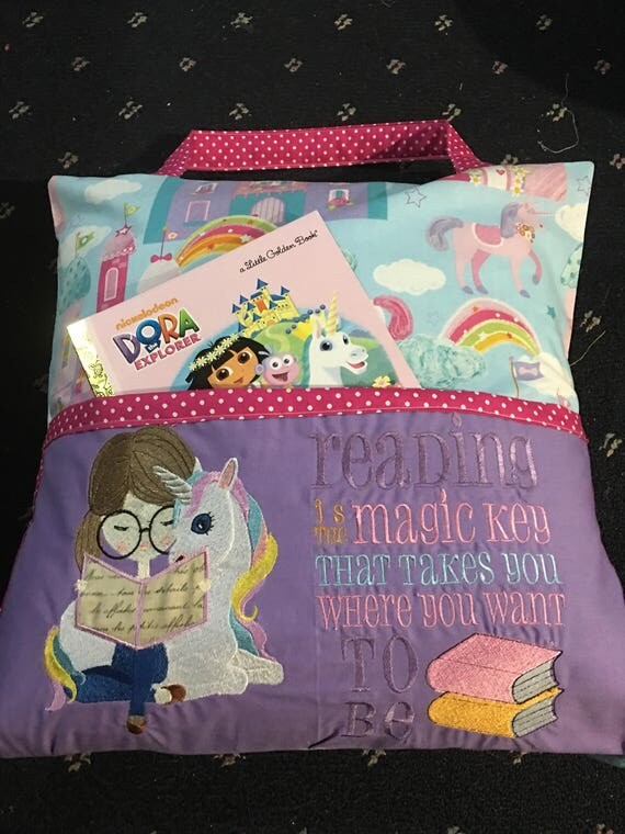 Hand made reading pillow/Pocket Pillow WITH BOOK unicorn