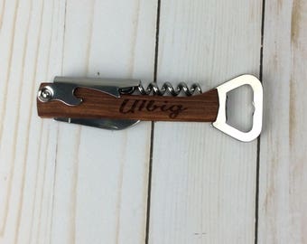 Personalized wine bottle opener, monogrammed corkscrew, bar tool, engraved wood multifunction bar tool, wood bottle opener