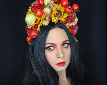 Halloween Skull Crown, Autumn Flower Crown, Dia de los Muertos headpiece