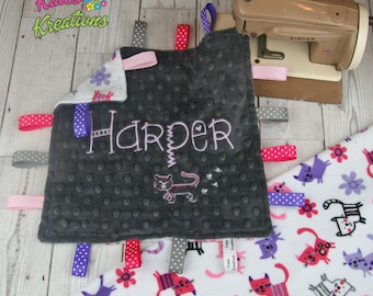 Personalised Baby Plush Comforter / taggie blanket - Cats Purr - Shannon Plush Fabric (Minky)