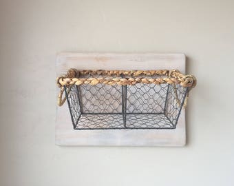 Hanging Rustic Wood Basket Storage, Produce Basket, Wire Baskets, Diaper Basket, Farm House Kitchen Storage, Mail Holder