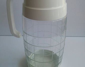 Vintage Glass Checkerboard Pitcher Top Taiwan Lid Screwtop Carafe Retro White Clear