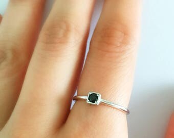 Dainty Black Cz Ring. Stackable Ring. Minimalist Ring. Sterling Silver Ring, Adjustable Ring. Minimalist Jewelry. Onyx Ring. Open R
