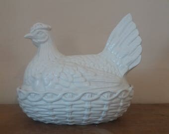 Large vintage chicken on a basket, old Staffordshire Kirkham 1868, porcelain hen on a nest in off white