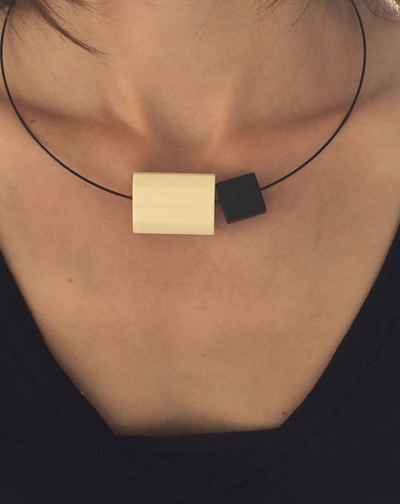 Necklace Necklace black wood with wooden rectangle