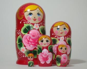 Nesting Doll, 5 pcs, babushka doll, pink flowers, russian nesting doll hand painted, russian wooden gifts