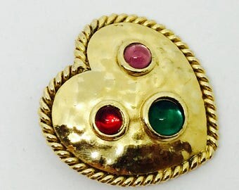 Brooch vintage heart with 3 multi color cabochons