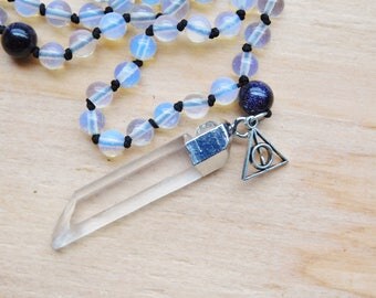 Hand Knotted Mala - Deathly Hallows Necklace - Moonstone Mala- Harry Potter Meditation Necklace - 108 Mantra Beads - Prayer Beads