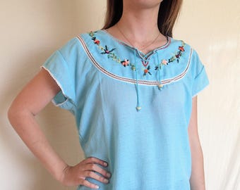 Robin's egg blue peasant blouse, floral embroidery