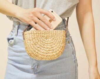 Thai Weaving seagrass (water hyacinth) cross body bag handmade brown strap Straw bag