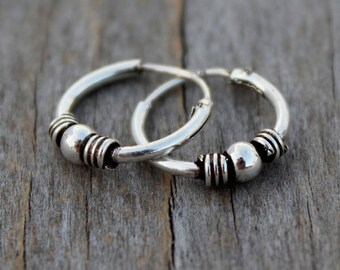 Tiny hoops sterling silver, Small Tribal earring Tiny silver hoop creole Tiny hoop earrings Small hoops men hoop earrings bali hoops ethnic