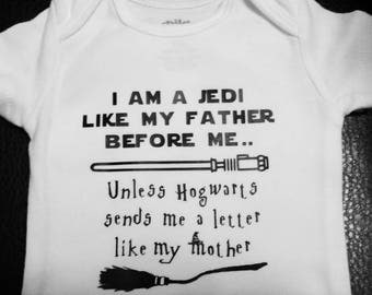 Star Wars and Harry Potter Inspired Onesie Child or Adult Shirt Jedi like my Father or Hogwarts like my Mother