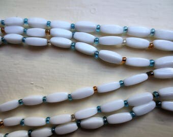 Vintage Multi Strand White Milk Glass Oblong Beaded Necklace with Tiny Blue and Gold Glass Spacer Beads