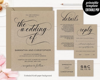 Kraft Paper Wedding Invitation Set Template - Printable Rustic Editable Classic Calligraphy Wedding Invitation Digital Download Editable PDF