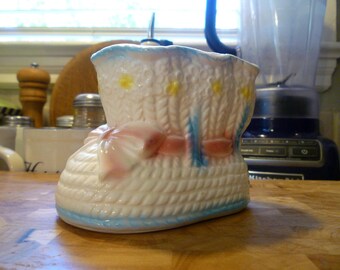 1950s ceramic baby shoe planter, Japan, white pink blue yellow, pastels, bow, flowers