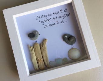 Pebble Bird Framed Picture, Driftwood, Sea Glass, Personalised